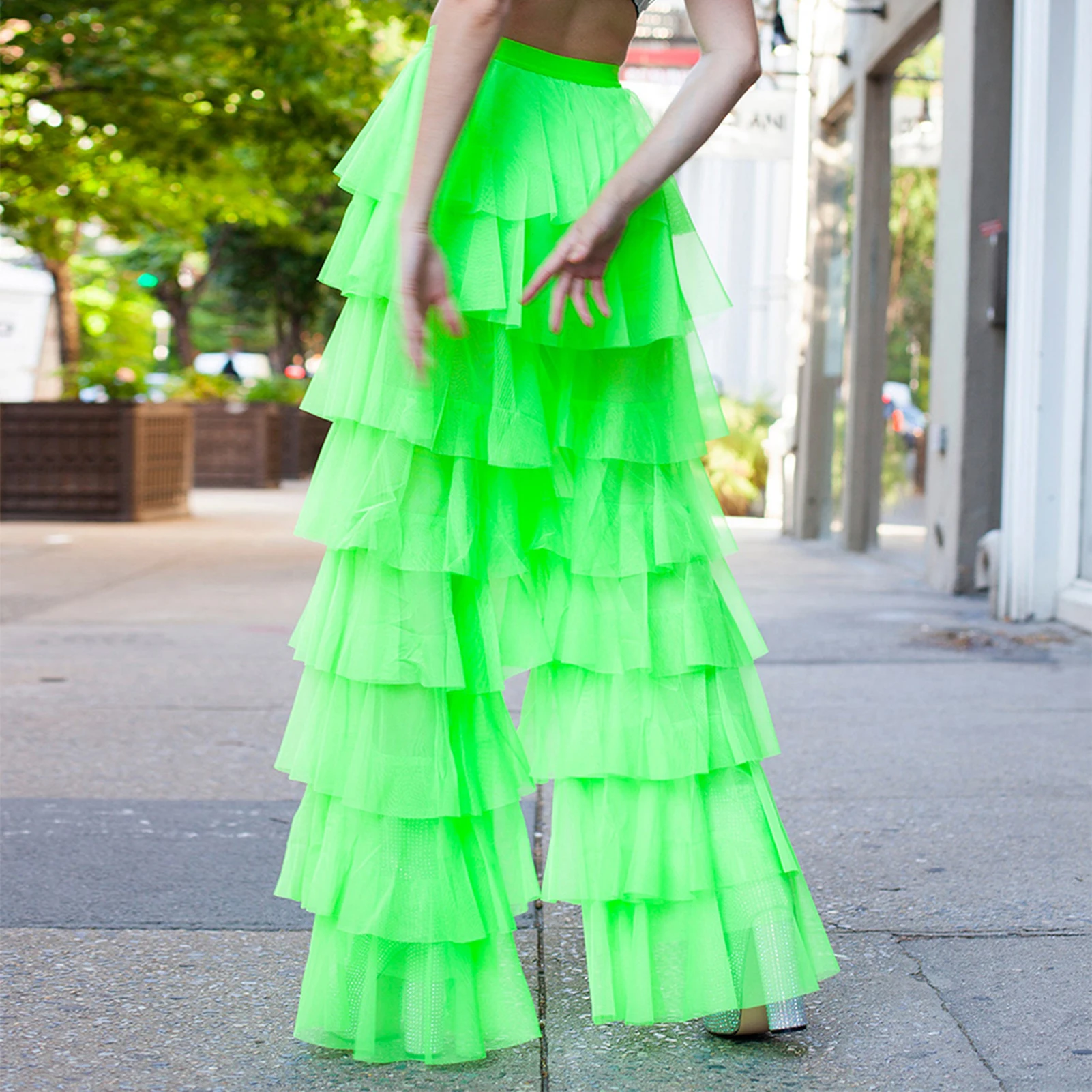 Description Picture 5 of itemRuffle Yarn Tulle Pants Solid Color Women Wide Leg Trousers High Waist Flare Trousers Multi Layer Spicy Girl Streetwear Suit