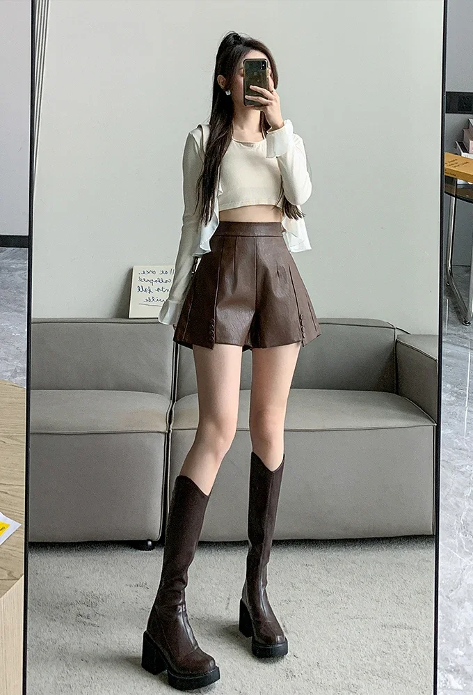 Description Picture 4 of item2023 Autumn and Winter Leather Women Shorts High Waist Thin A-line Wide Leg Casual Irregular Versatile PU Shorts Female