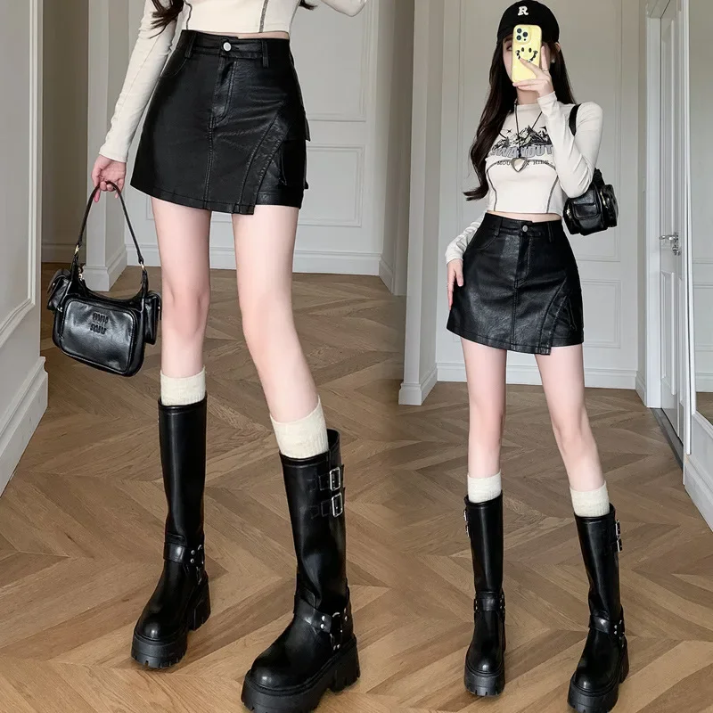 Leather Shorts for Autumn and Winter, New High Waisted Outerwear Skirt Pants, A-line Wide Leg Boots and Pants for Women