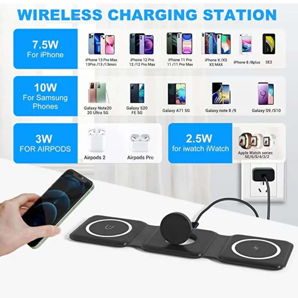 Description Picture 3 of item15W 3 in 1 Foldable Magnetic Wireless Charger for iPhone 15 14 13 12 11 8 XR Fast Charging Dock Station For iWatch 8 Airpods Pro