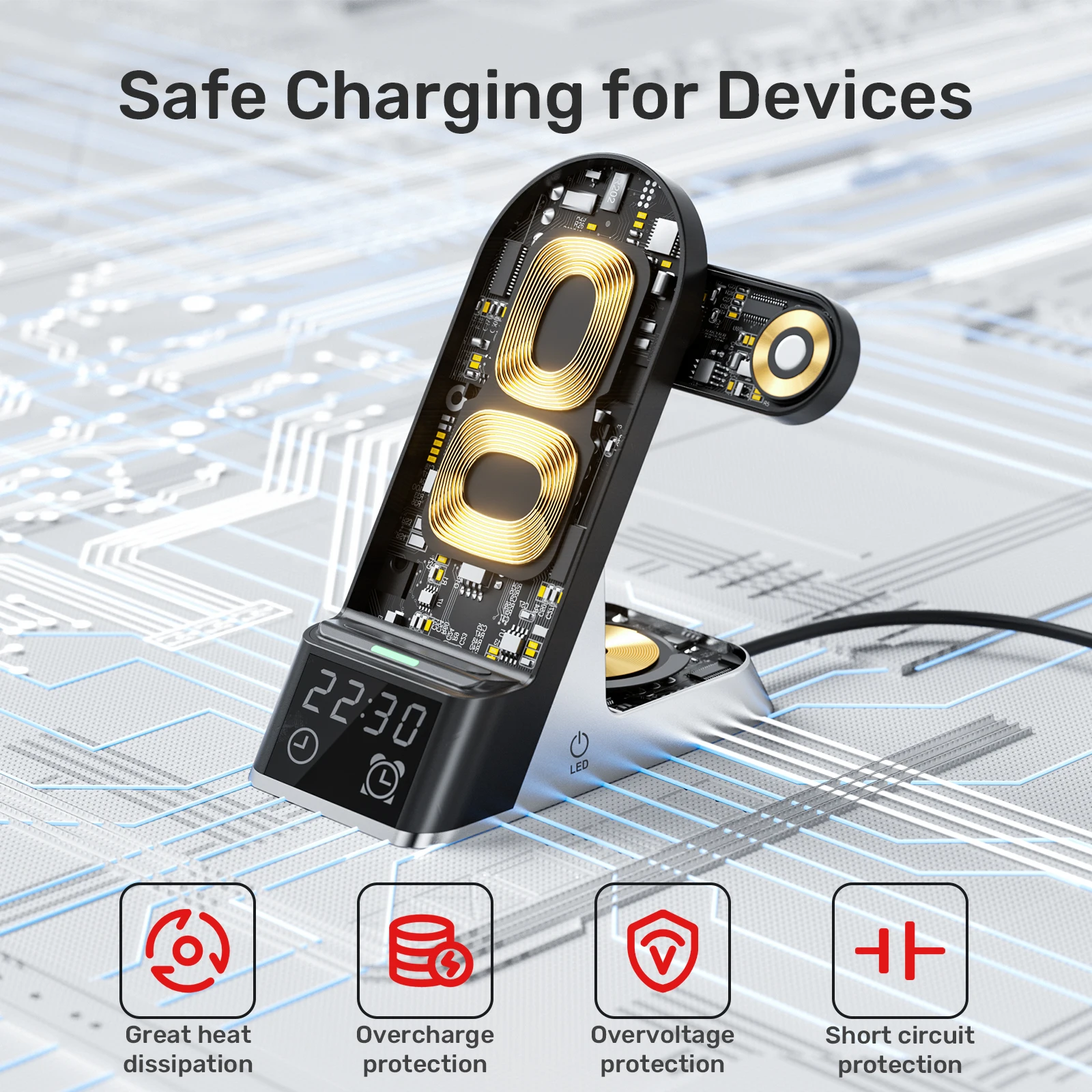 Description Picture 5 of itemUnitek Wireless Charging Station with Alarm Clock Qi Certified Fast Wireless Charger Stand for iPhone 14 13 12 11 iWatch AirPods