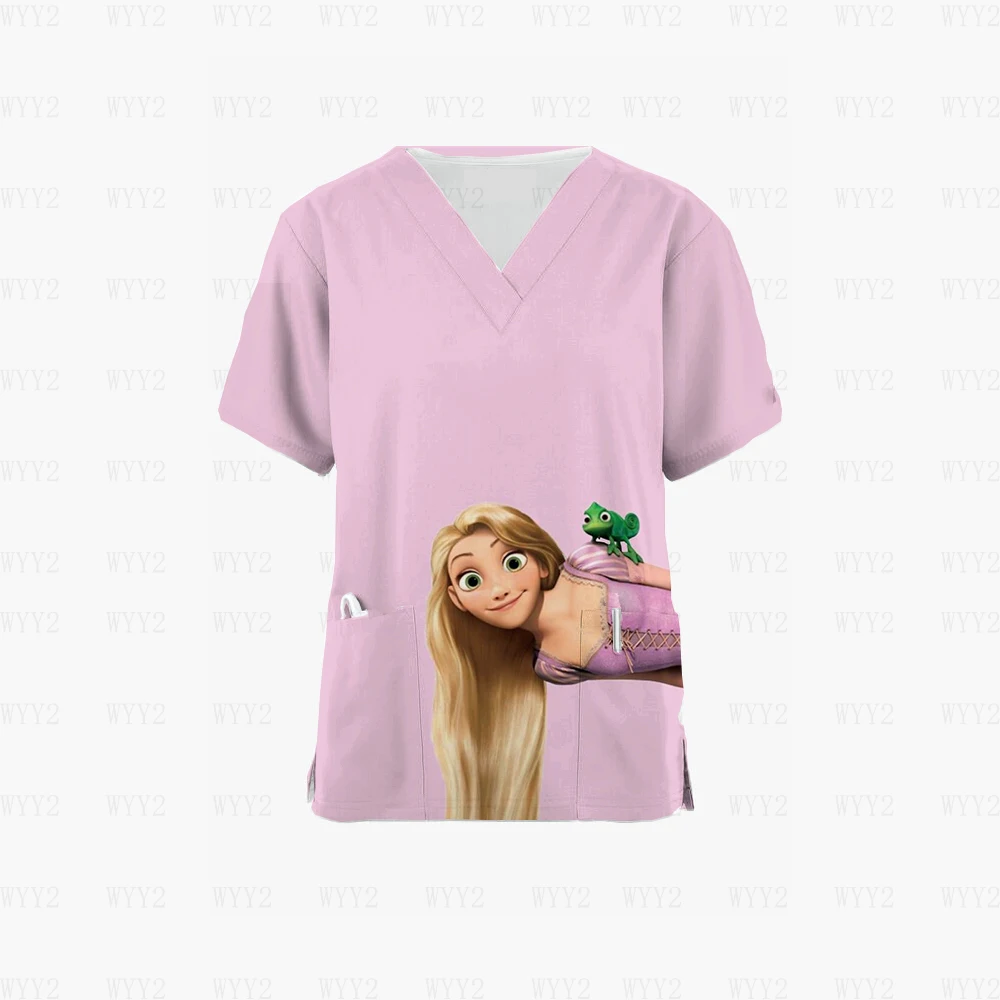 Description Picture 4 of item2023 V Neck Scrub Princess Tops Cartoon 3D Nurse Uniform Medical Uniform Ladies Print Cut Pet Shop Work Uniform Shirt
