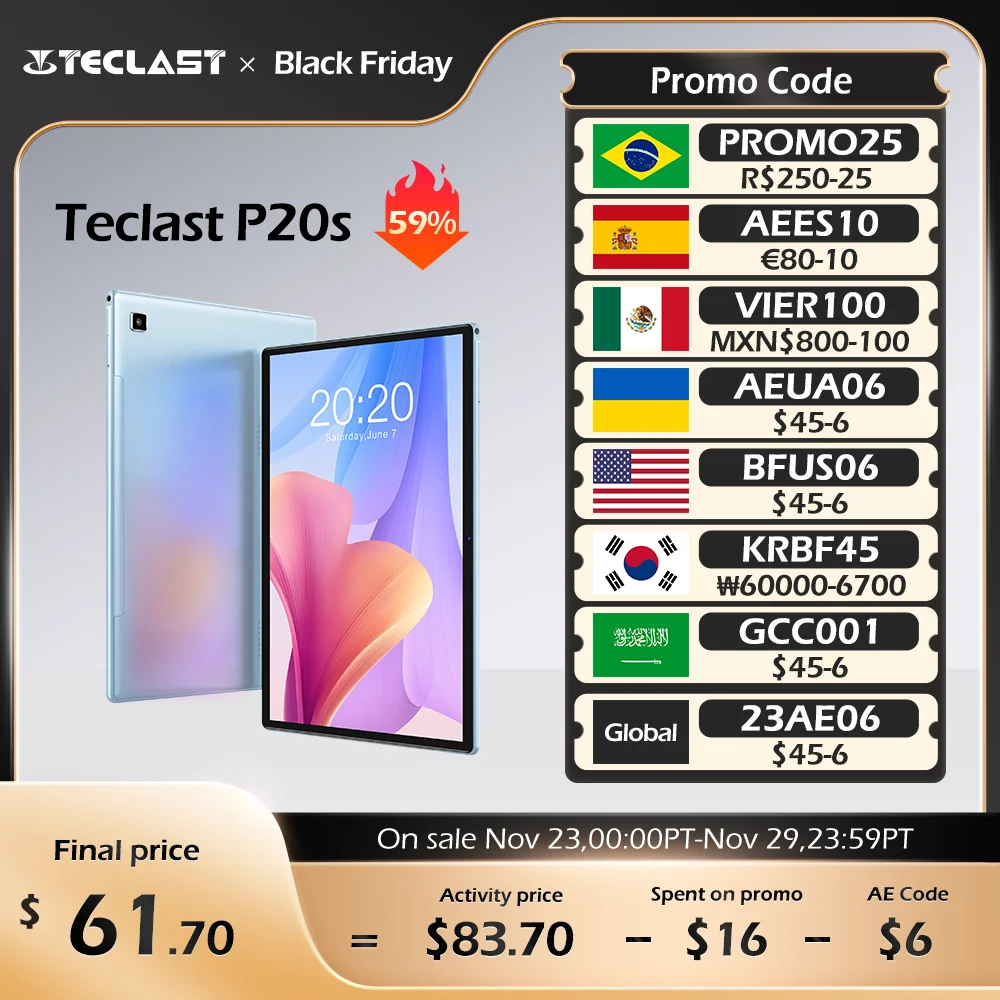 Teclast P20S 10.1 Inch 1280X800 IPS Tablet 4GB RAM 64GB ROM MTK P22 Octa Core Android 12 Dual Cameras WIFI GPS Type-C Tablets