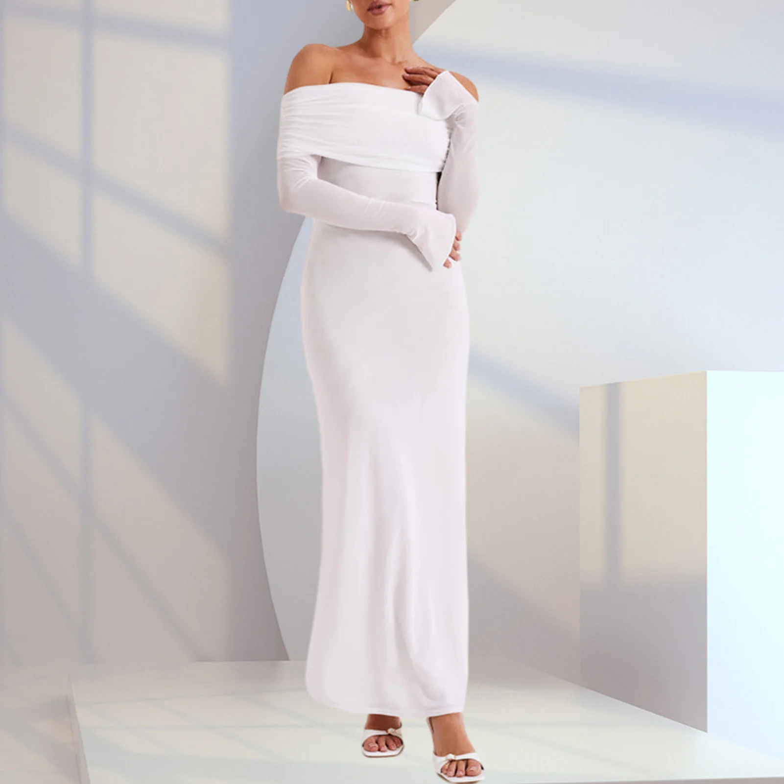 Description Picture 5 of itemWomen Long Sleeve Dress Spicy Girl Slash Neck Tunic Long Dress Slim Fit Waist Maxi Dress Solid Color Backless Vacation Outfit