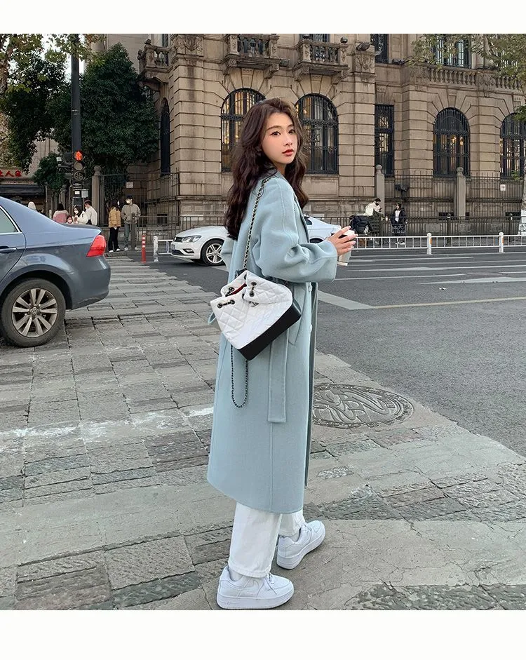 Description Picture 3 of itemKorean Fashion Women Casual Loose Woolen Coat Elegant and Chic Solid Outerwear Long Overcoat with Belted Female Warm Cloak