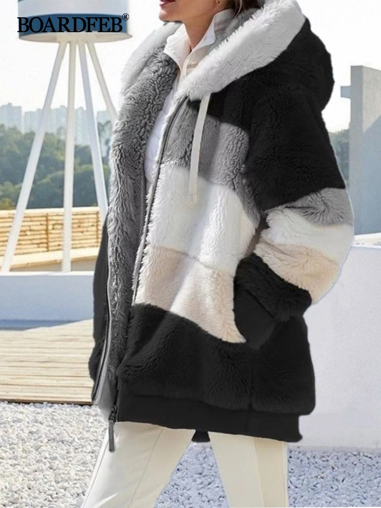 Womens Fuzzy Fleece Jacket Hooded Zipper Color Block Soft Full Casual Faux Fur Patchwork Long Sleeve Outerwear Coats with Pocket