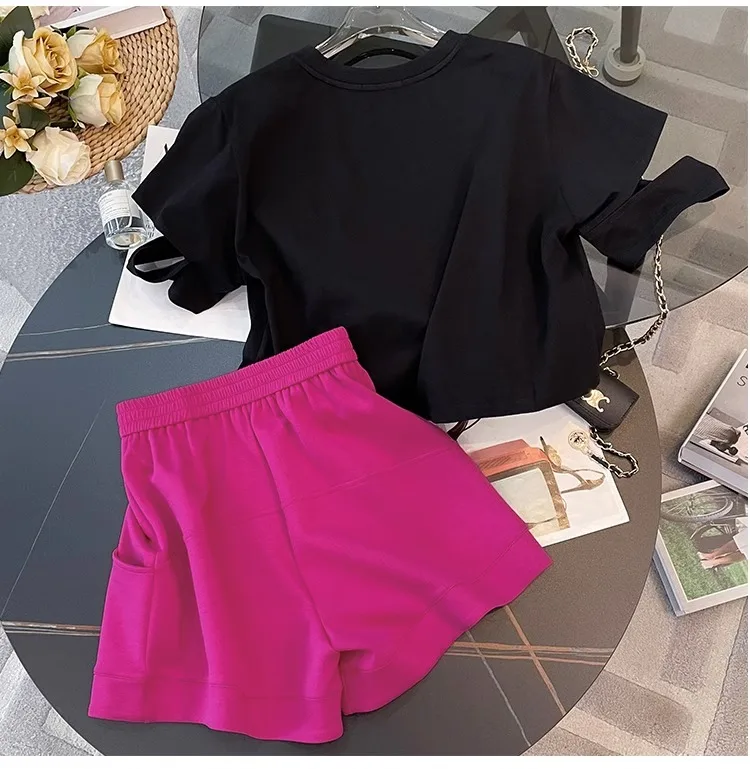 Description Picture 6 of itemSummer Outfits Short Sleeved Two Piece Set For Women 2023 Casual O-Neck Strapless T Shirt+Wide-Leg Shorts Suit Female Tracksuit