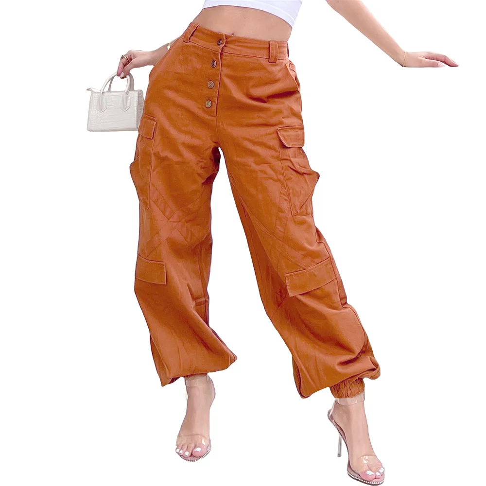 Description Picture 3 of itemWomen Oversized Cargo Pants Solid Color High Rise 4 Button Casual Trousers Female Loose Long Pants with 4 Pockets Streetwear