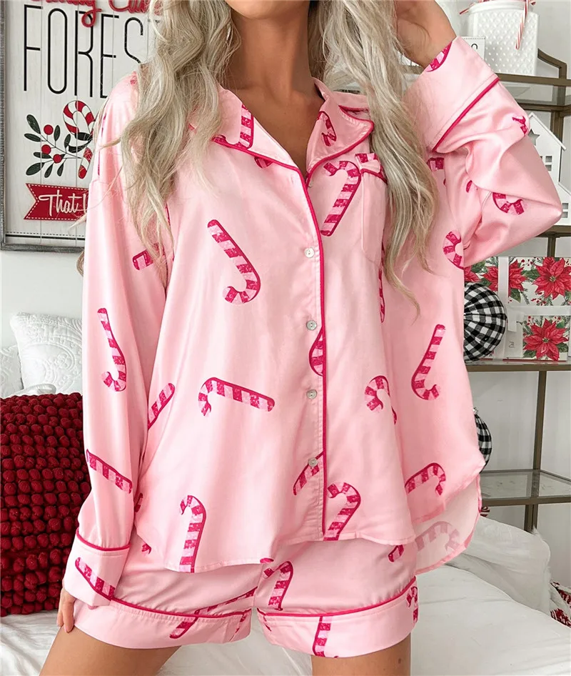 Description Picture 2 of itemWomen Christmas PJs Sets Pink Candy Canes Pajamas Long Sleeve Collar Shirt and Short Pajama Pants 2 Piece Lounge Set Sleepwear