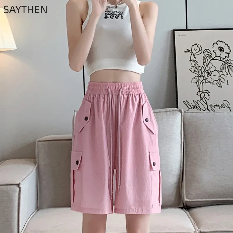 SAYTHEN Pink Work Shorts Women's Summer Thin 2023 New High Waist Casual Slim American Quick Dried Sports Capris ST237241
