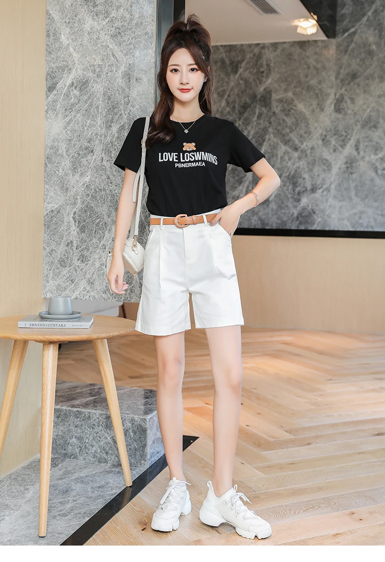 Description Picture 6 of item2023 Summer Korean Simple Harajuku Fashion Wide Leg Shorts Loose High Waist Lady Short Pants With Belt Casual Solid Color Womens