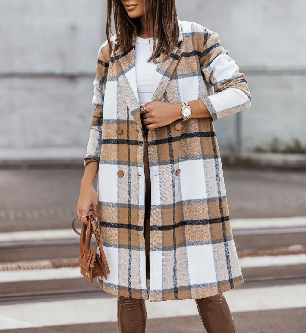 Description Picture 6 of itemCasual Woolen Coat for Women Long Sleeve Streetwear Korean Fashion Jackets Plaid Button Lapel 2023 New Autumn Winter Coats