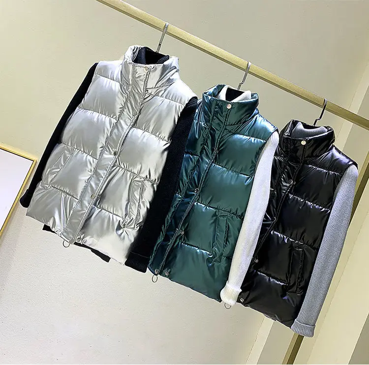 Description Picture 6 of itemSilver Vest Jacket Plus Size Women's Stand collar Parkas Winter Glossy Cotton padded Sleeveless Coat Short Ladies Waistcoat Tops