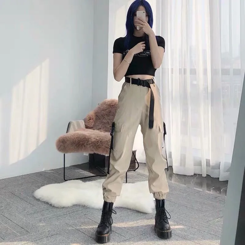 Description Picture 3 of itemArmygreen Cargo Pants With Belt Women Capri Casual High Waist Trousers Ladies Black Harajuku Hip Hop Joggers School Streetwear