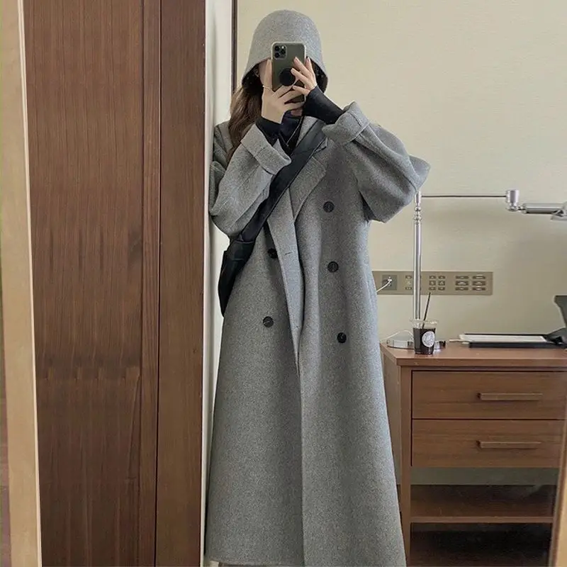 Description Picture 4 of itemCotvotee Loose Wool Coat Women Autumn Winter 2023 Fashion Turn Down Collar Long Sleeve Jacket Casual Double Breasted Long Coats