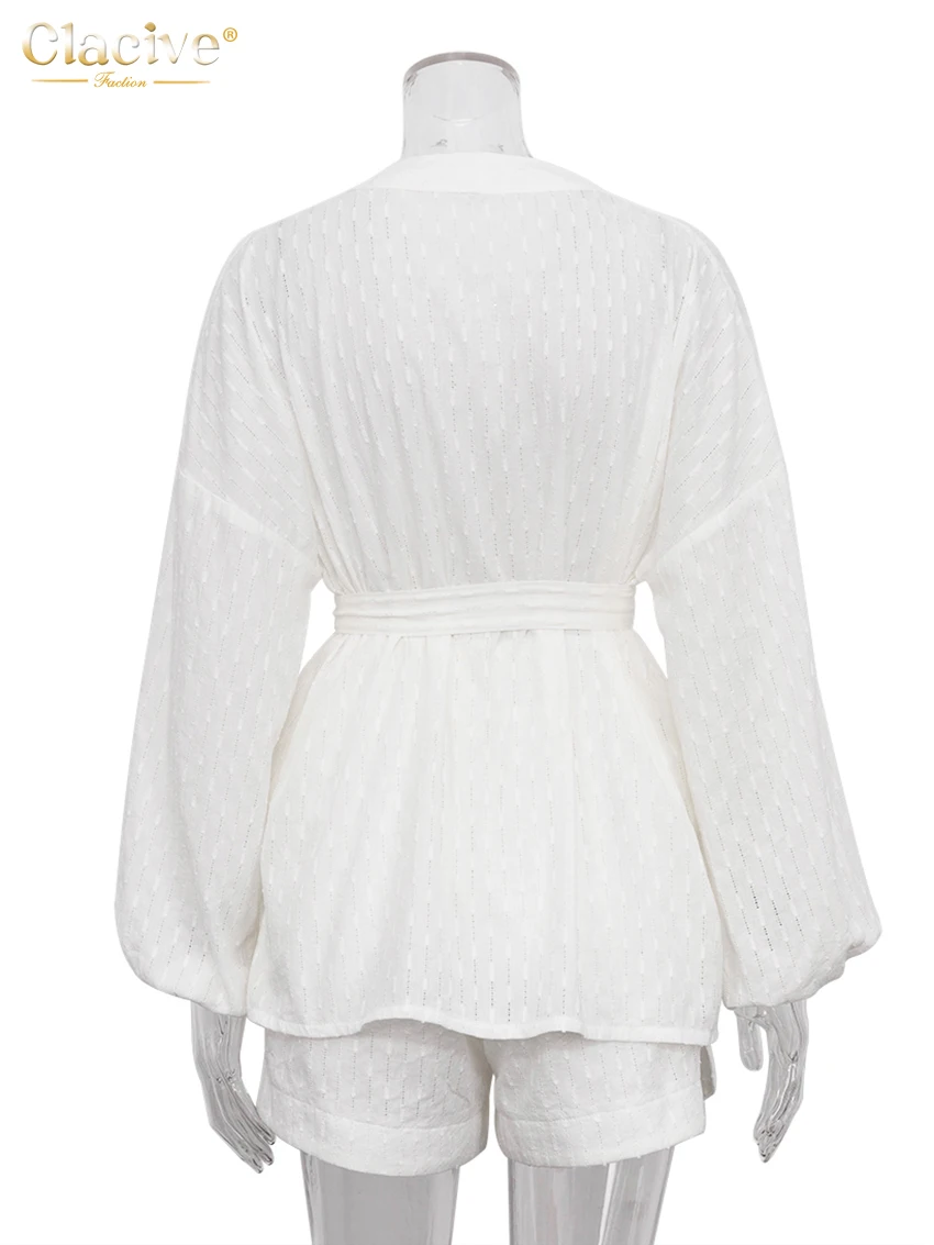 Description Picture 5 of itemClacive Fashion Long Sleeve Robes Top Two Piece Sets Womens Outifits Autumn Casual White Home Suit Elegant Shorts Women'S Sets