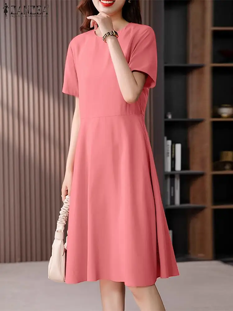 ZANZEA Fashion OL Work Vestidos Oversized Woman Vintage Solid Dress Short Sleeve O-Neck Sundress Casual Party A Line Dresses