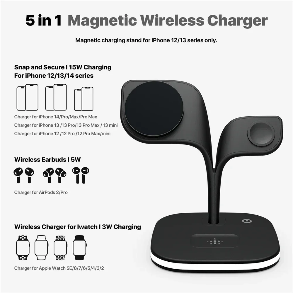100% Magnetic Wireless Charger Stand For iPhone 15 14 13 12 Pro Max Apple Watch 8 7 Airpods Induction Fast Charging Dock Station