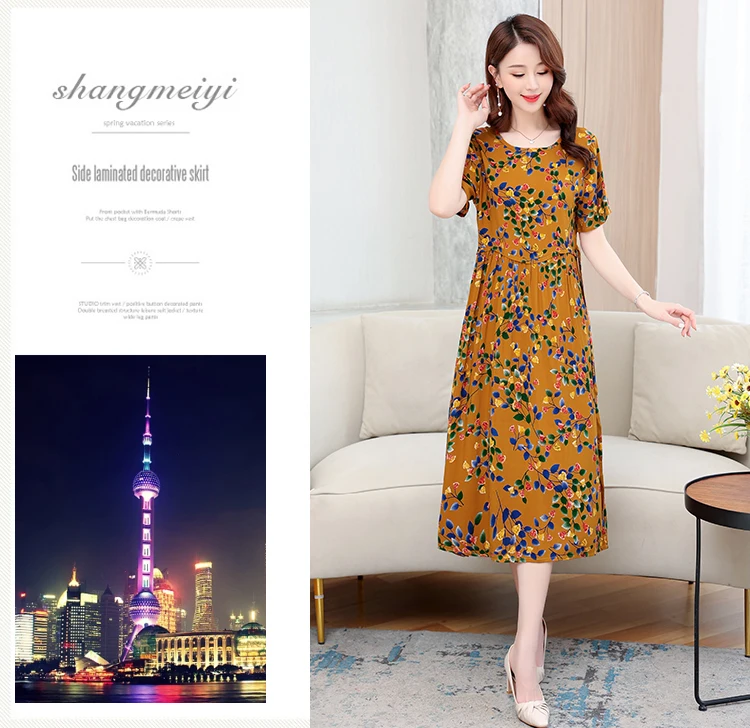 Description Picture 2 of itemNew 2023 Casual Print Fowers Summer Dresses For Women Cotton Vintage Dress O-neck Vestidos Plus Size Short Sleeve Women Clothing