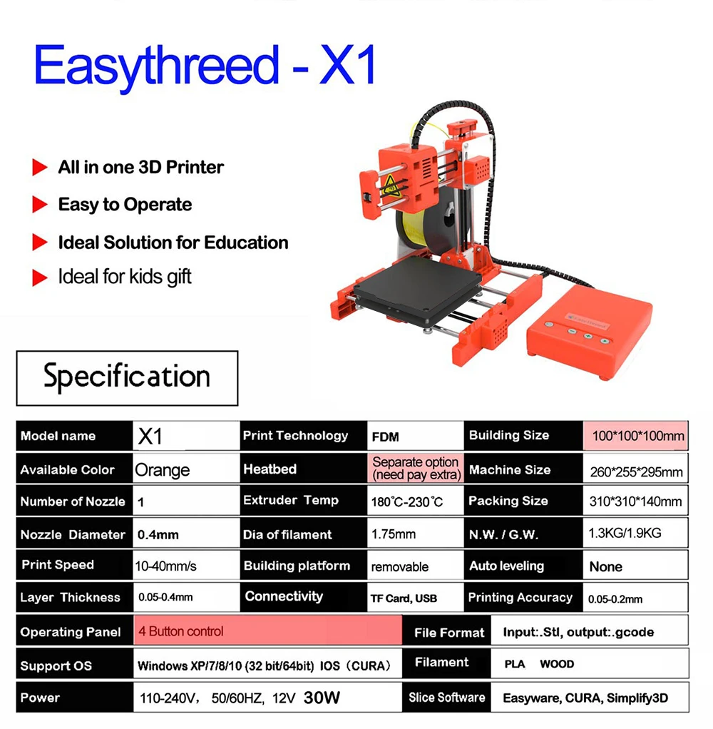 Description Picture 3 of itemTISHRIC 3D Printer X1 Mini Entry Level 3D Printing  Kit One Key Quiet Pinting  Full Metal Frame High Precision Children's DIY
