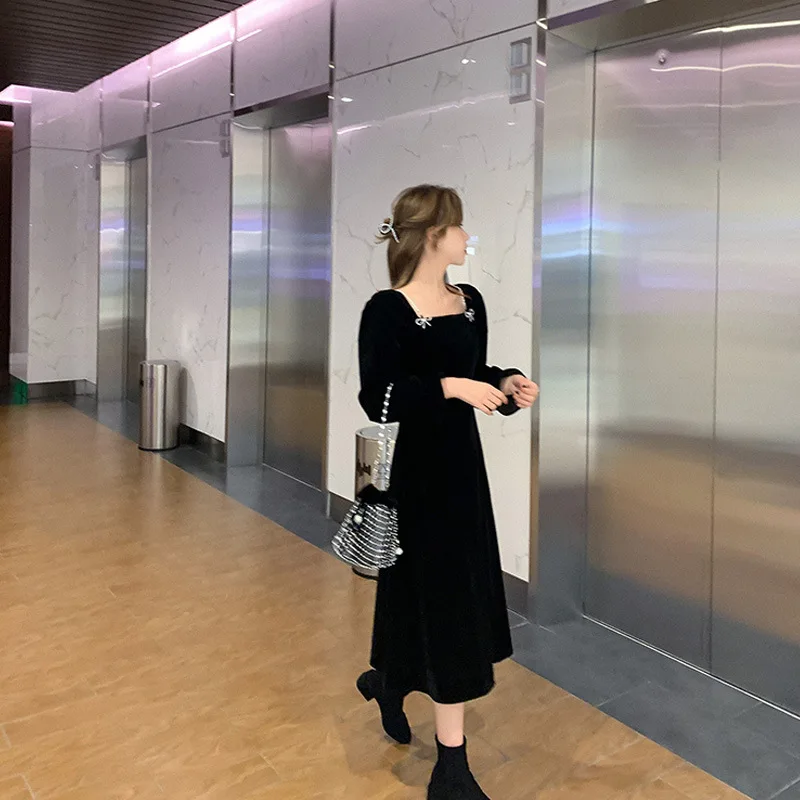 Description Picture 3 of itemSpring 2022 vintage Dress Ladies slim party dress South Korean fashion long sleeve black bow dress elegant ladies