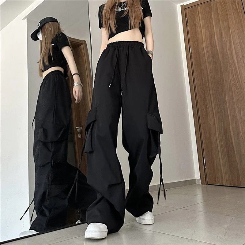 Description Picture 4 of itemZoki Harajuku Women Cargo Pants Streetwear Y2K Hip Hop Black Trousers Fashion High Waist Lace Up Female Loose Design Pants New