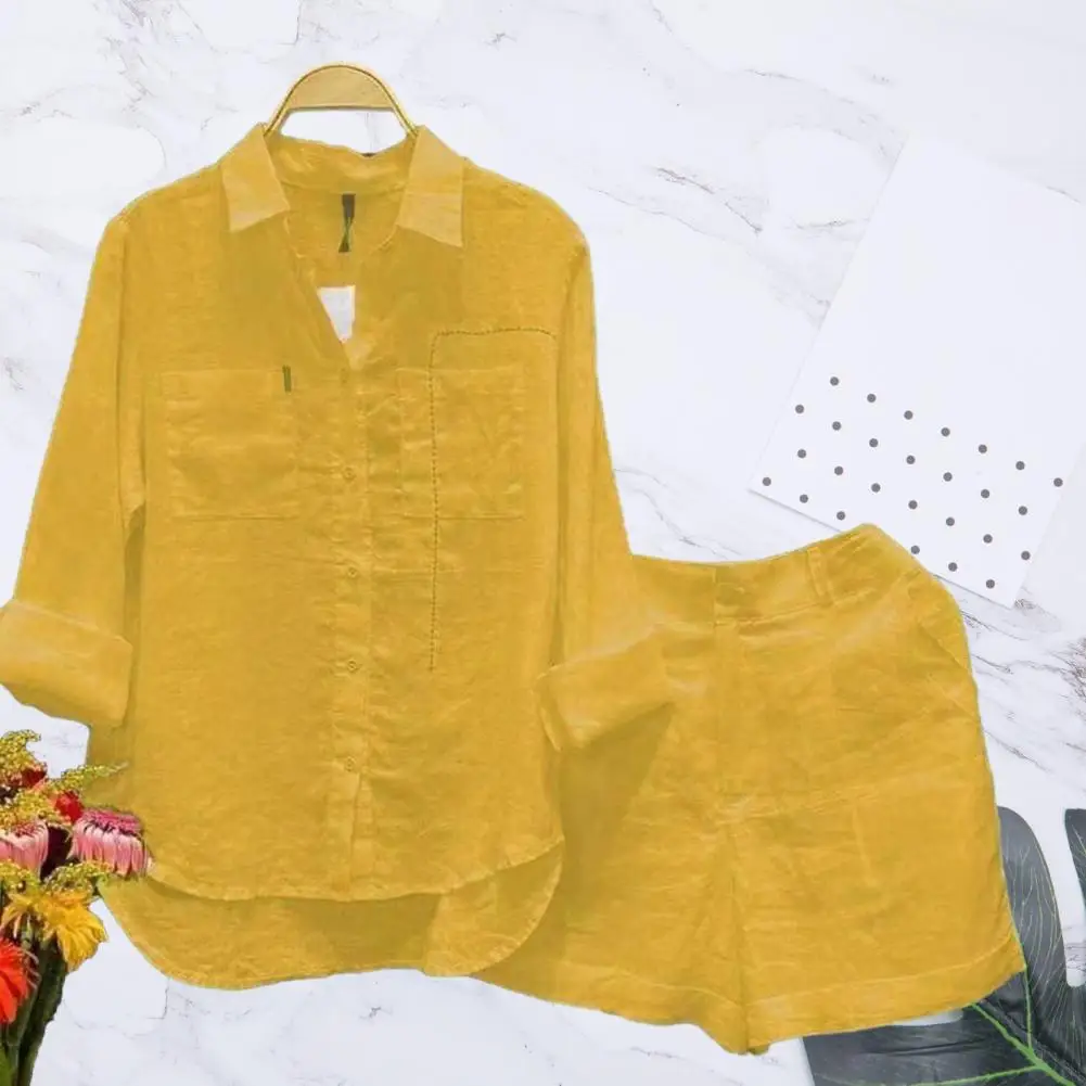 Description Picture 5 of item2 Pcs/Set Women Shirt Shorts Set Solid Color Loose Long Sleeves  Patch Pockets Irregular Hem Lapel Casual Female Spring Outfit