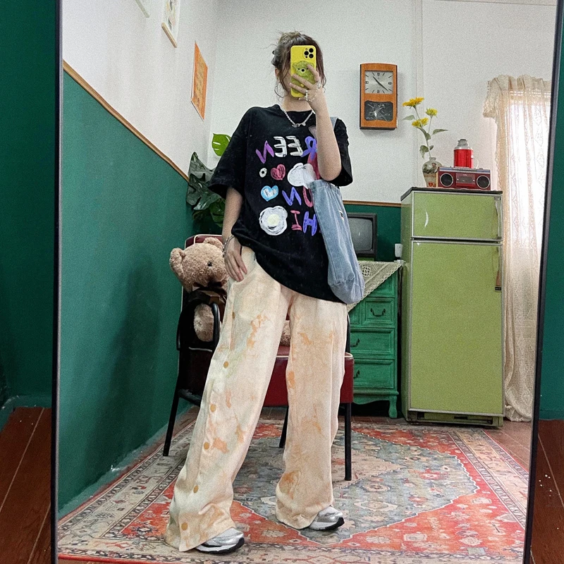 Tie Dye Print Long Pants Women 2021 Casual Loose Straight Pants Elastic Waist Streetwear Split Button Trousers Hip Hop Pants