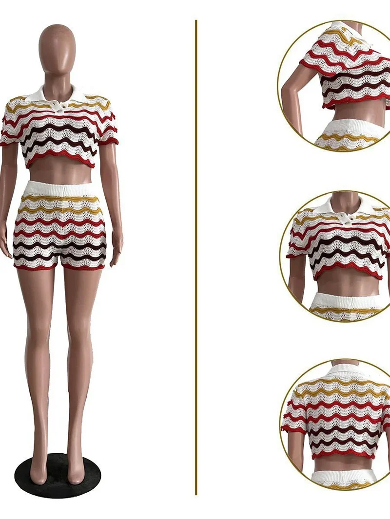 Description Picture 3 of itemMulti-Color Knitted Striped Summer Outfits for Women Short Sets Party Club Crop Top and Shorts 2 Piece Sets Women Outfit Rave