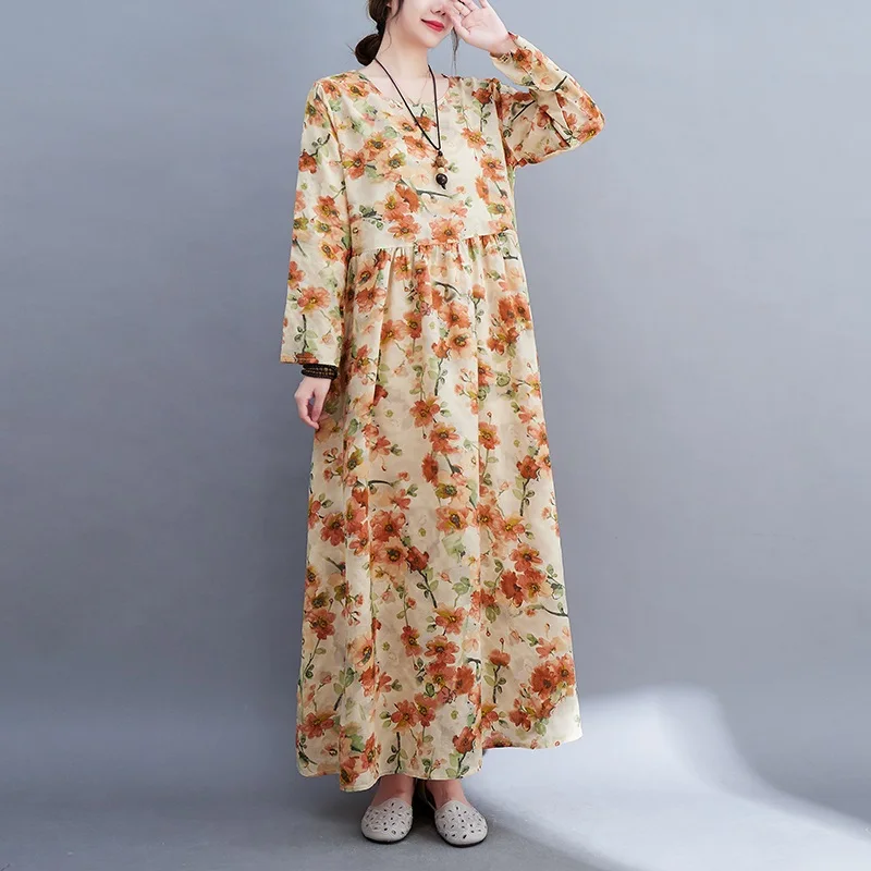 Description Picture 4 of itemlong sleeve oversized cotton vintage floral dresses for women casual loose spring summer autumn dress elegant clothing 2023