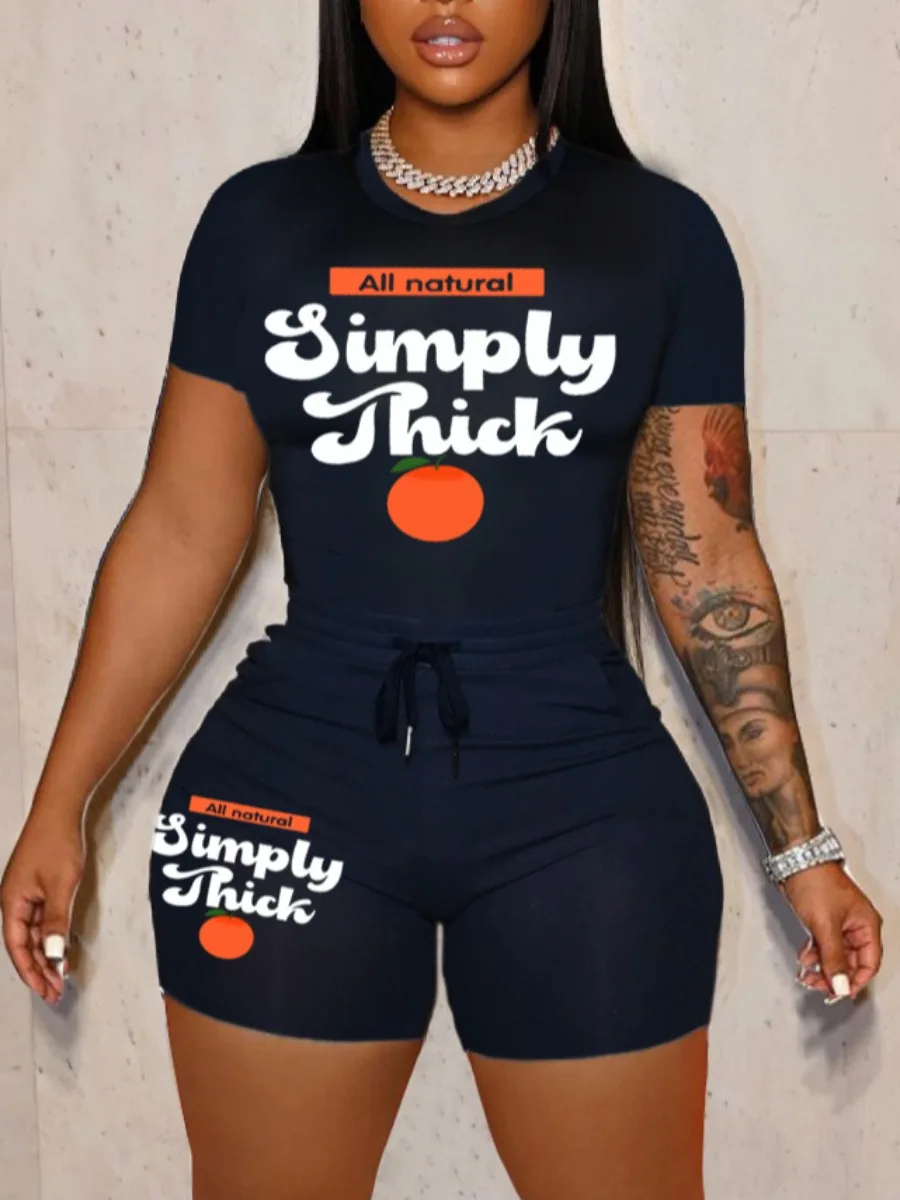 Description Picture 3 of itemLW Round Neck Letter Print Shorts Set Summer Women Casual T-Shirt Y2k Graphics Top Shorts Set Short Sleeve Two Pieces Set