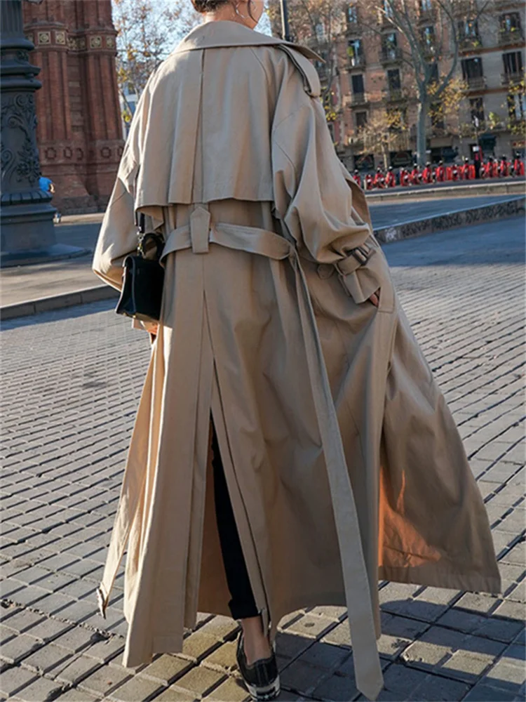 Description Picture 3 of itemAotvotee Long Trench Coat for Women Autumn Winter 2023 Fashion Long Sleeve Turn Down Collar Coats Vintage Loose Lace Up Jackets