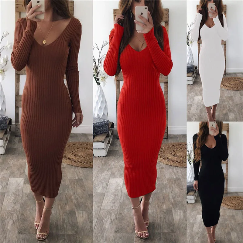 Women Package Hip Knitted Winter Dress Sexy Low Chest Deep V Neck Elegant Slim Bodycon Dress Autumn Pencil Long Vestidos Female