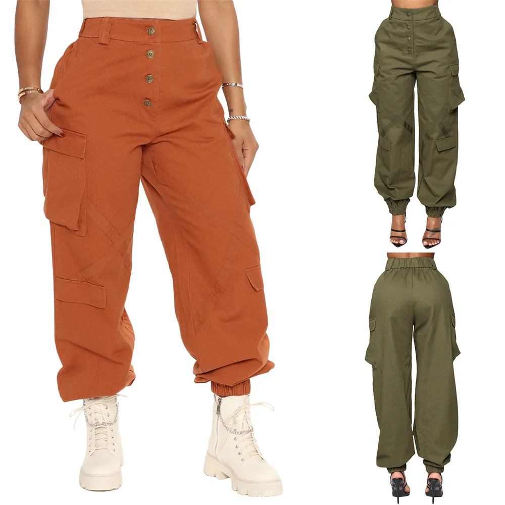 Description Picture 2 of itemWomen Oversized Cargo Pants Solid Color High Rise 4 Button Casual Trousers Female Loose Long Pants with 4 Pockets Streetwear