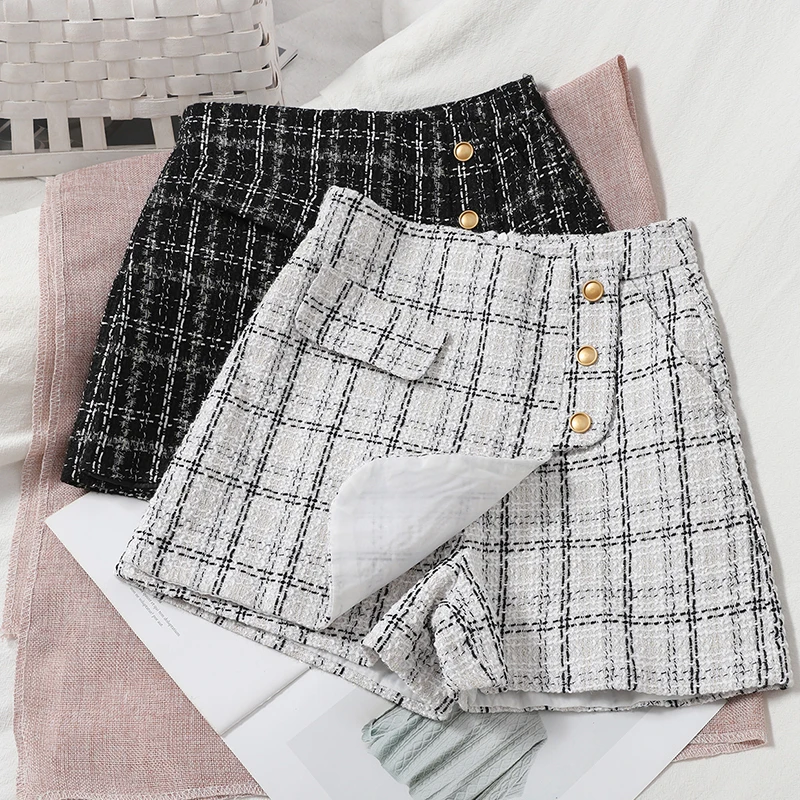ITOOLIN Women Irregular Tweed Shorts Spring Plaid Buttons Shorts A-line Wide Leg Skirts For Women High Waist Skirts 2022