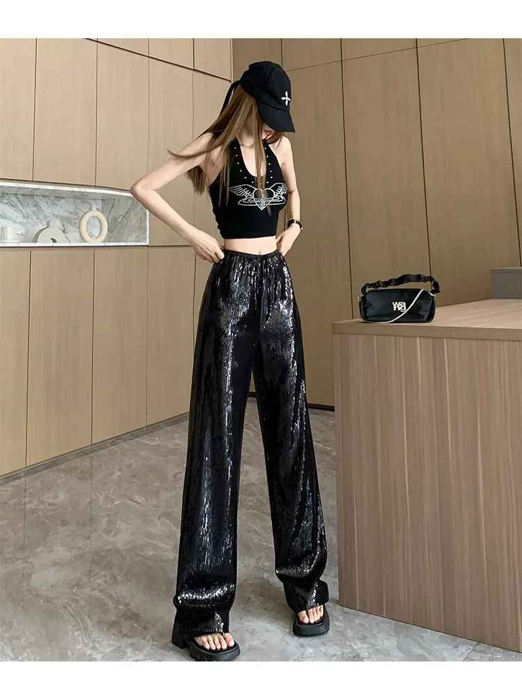 Description Picture 4 of itemCircyy Sequins Pants Women 2023 Summer New High Waisted Drawstring Full Length Shiny Pant Streetwear Black Wide Leg Y2k Trousers