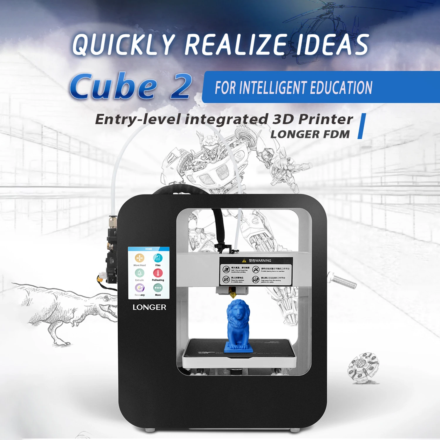 LONGER Cube 2 Mini Desktop 3D Printer Fully Assembled with 2.8 Inch LCD Touchscreen 120*140*105mm Detachable Nozzle Resume Print
