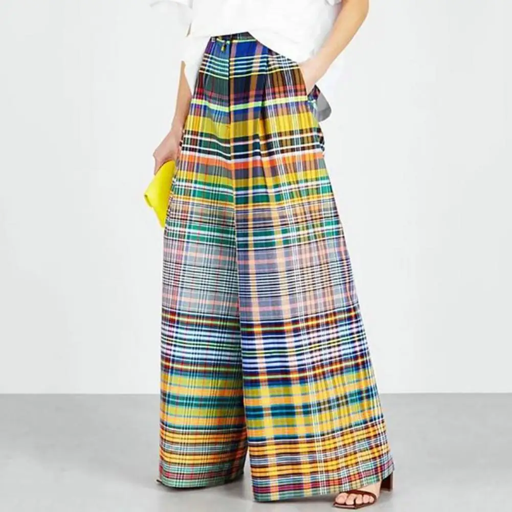 Description Picture 3 of itemHigh Waist Elastic Waistband Women Pants Pockets Colorful Plaid Print Casual Oversized Straight Wide Leg Pants Streetwear