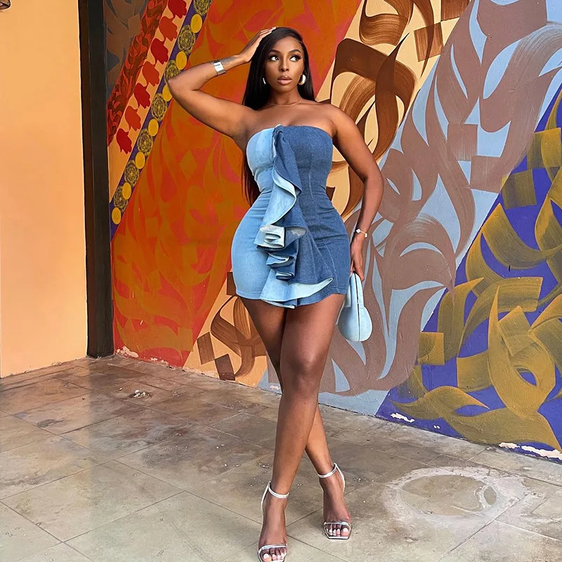 Description Picture 5 of itemFashion Denim Patchwork Ruffled Design Mini Dress Women Off Shoulder Sleeveless Bodycon Dress Vestidos Sexy Female Streetwear