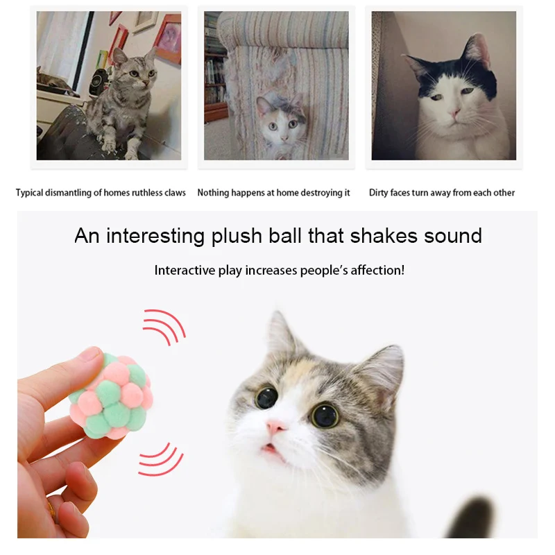 Description Picture 3 of item1/3Pcs DIY Plush Ball Cat Toy Rainbow Cat Interactive Toy Kitten Puppy Colorful Handmade Bell Bouncy Ball Pet Gift Supplies