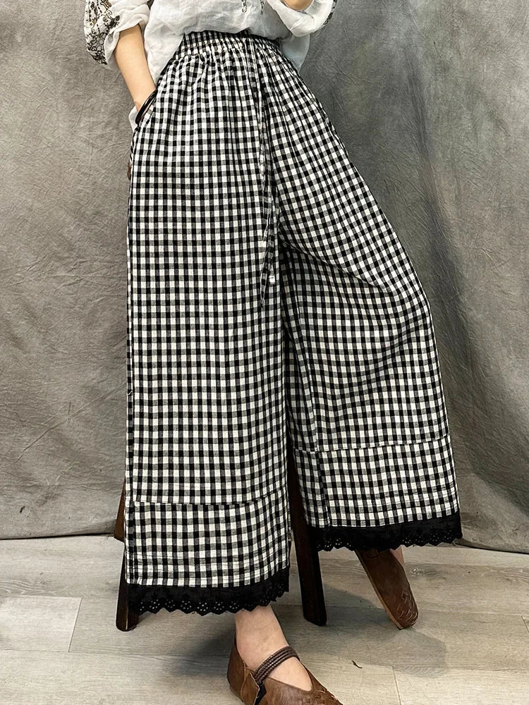 Description Picture 4 of itemSummer Women Wide Leg Pant High Waist Drawstring Loose Oversize Pant Plaid Trousers Skirt Pants Retro Casual Streetwear Ladies