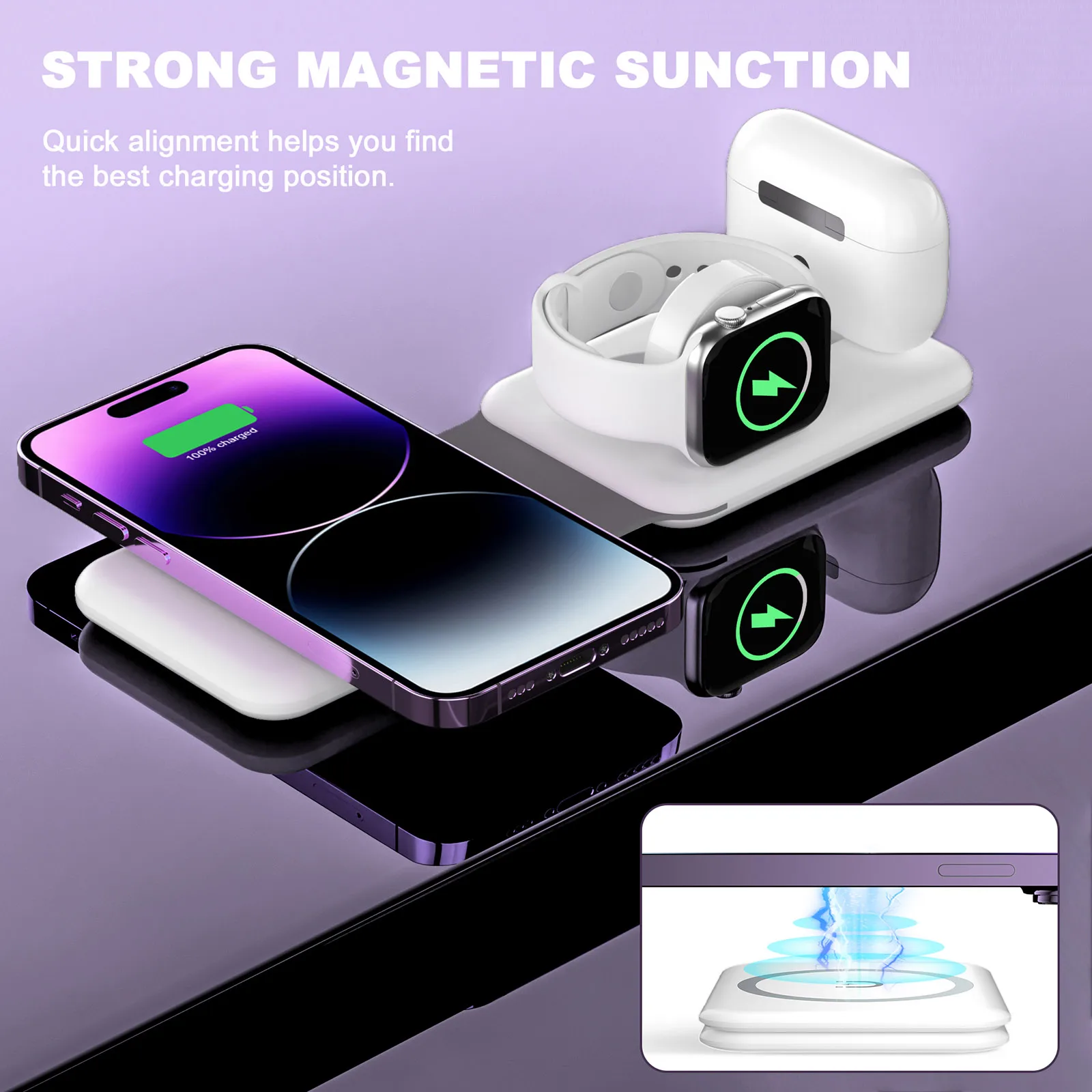 Description Picture 3 of item3 In 1 Magnetic Wireless Charger 15W Fast Foldable Charging Station For iPhone 14/13/12/11/XS/X/8 Apple Watch Series AirPods Pro