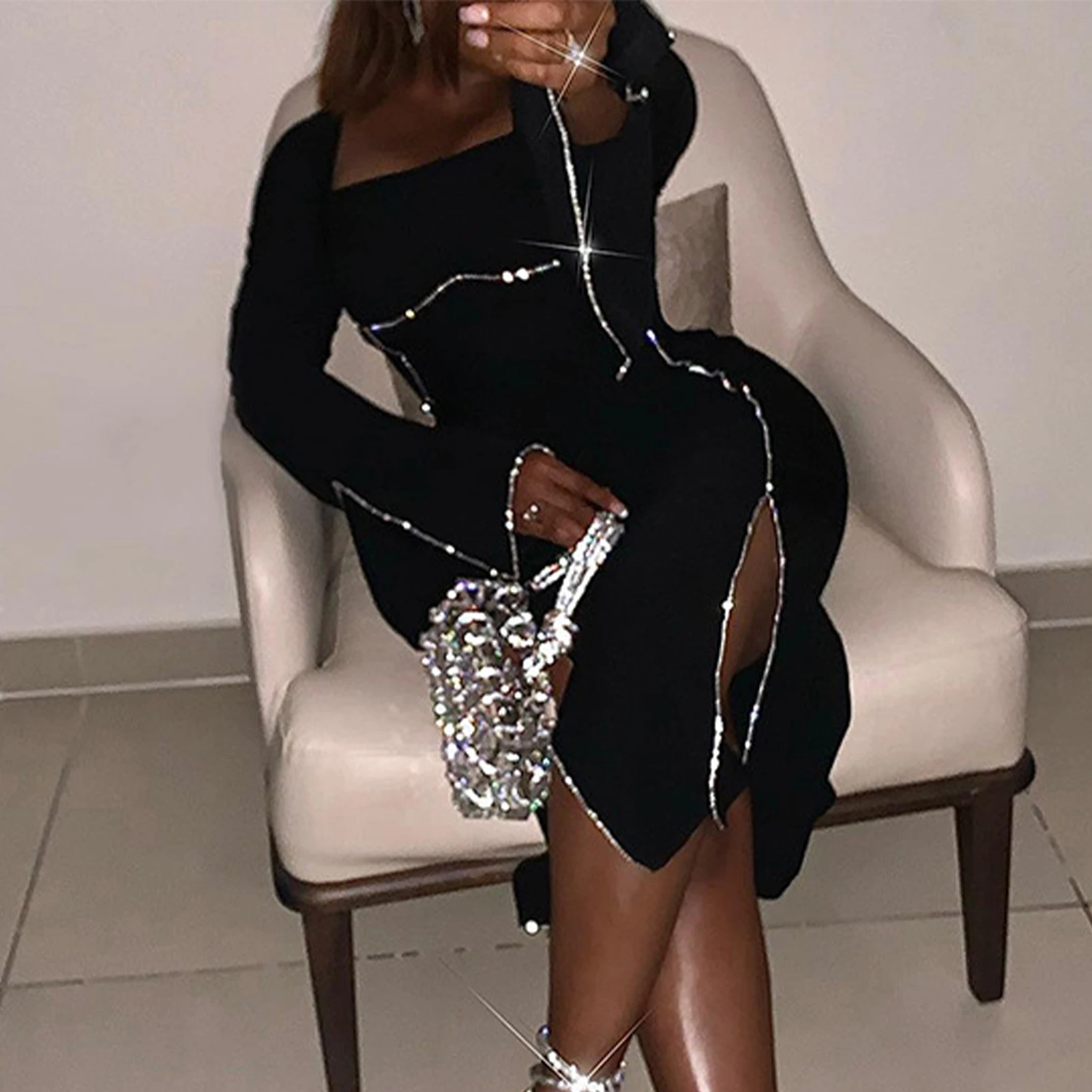 Description Picture 4 of itemWomen Long Sleeve Dress Sparkle Square Neck Dress Pullover Shiny Bodycon Dress Slim Fit Skinny Fashion Cocktail Party Dress