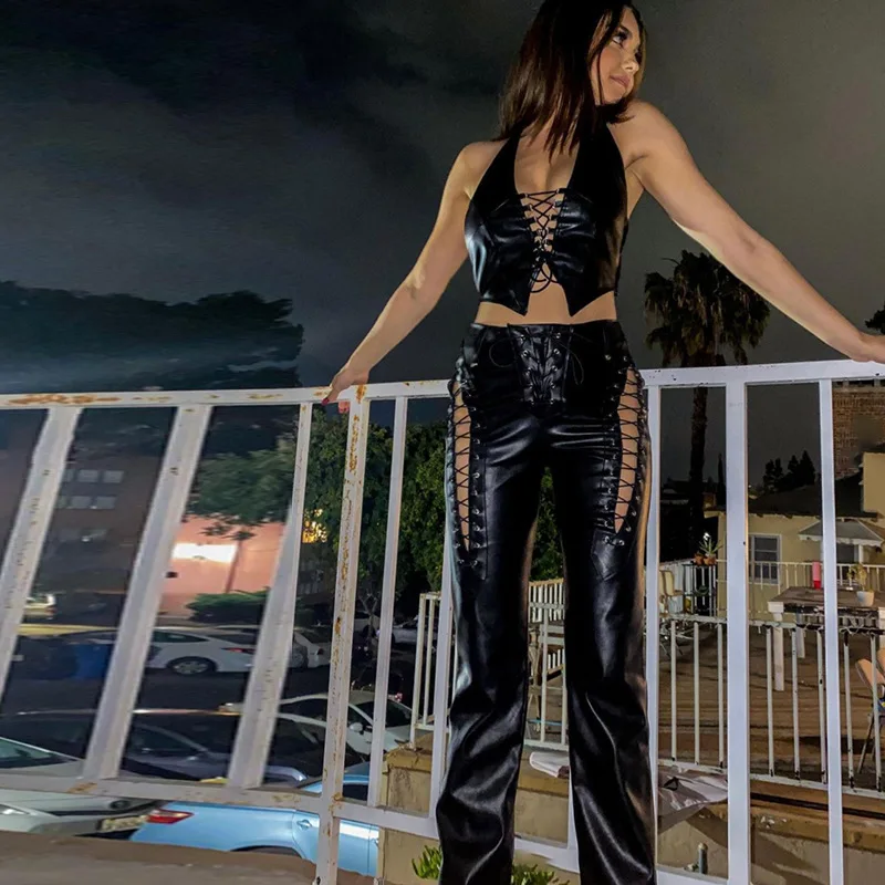Description Picture 5 of itemwoman pants High Waist Pants Hollow Out Bandage Sexy Autumn Trend Leather Club Slim Streetwear Weird Puss Faux PU Y2K Trousers