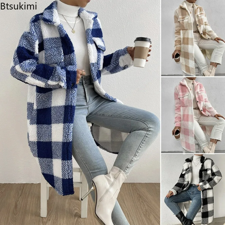 2023 Women's Thick Warm Jackets Coats Autumn Winter Elegant Open Button Lapel Plush Plaid Loose Temperament Commuter Long Coat