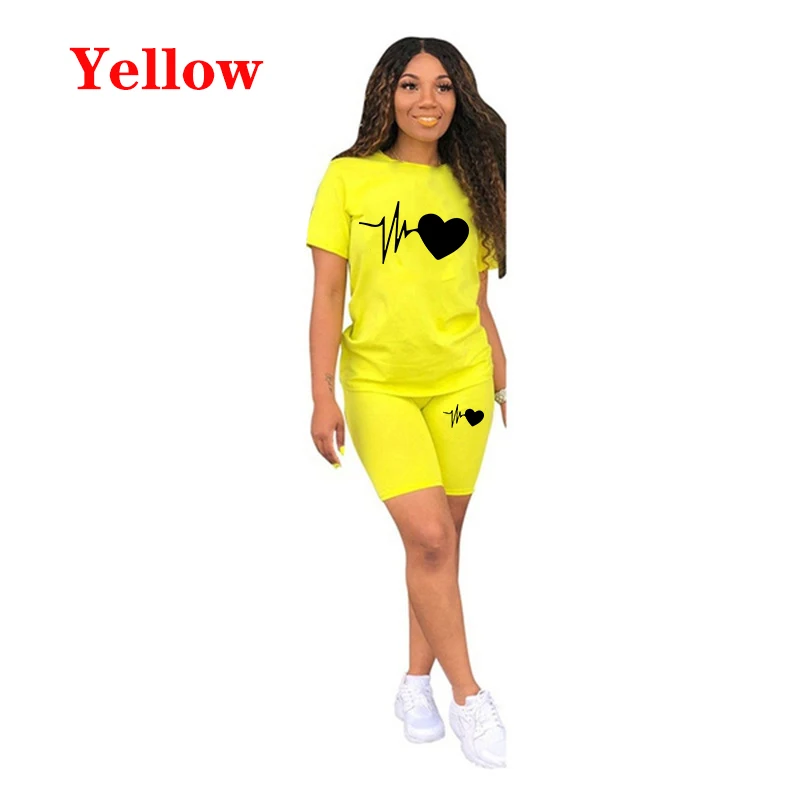 Summer New Women Fashion Solid Color Print 2 Piece Sets Casual Sports Suit Short Sleeve T-shirt + Shorts S-3XL