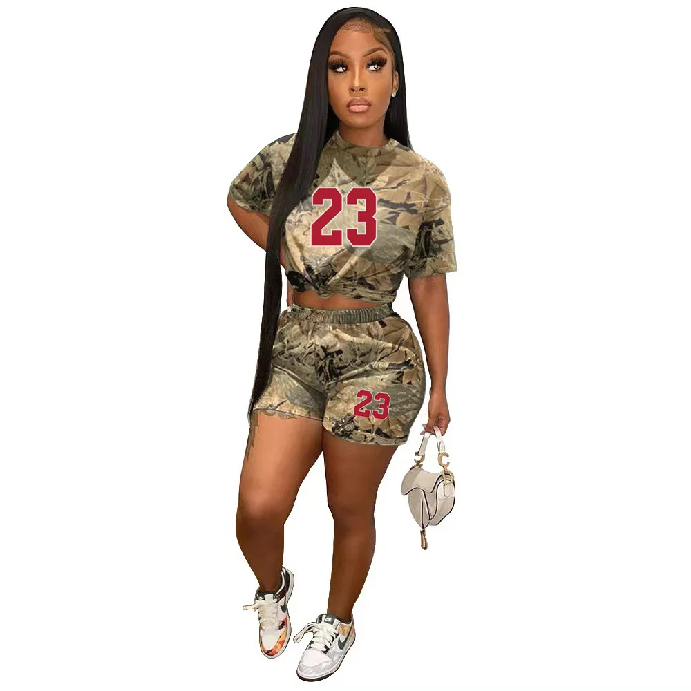 Description Picture 6 of item2023 Top Quality Young Casual Camouflage Free Nature Tracksuit Daily Short Sleeve + Short Pants Slim Women 2 Piece Set