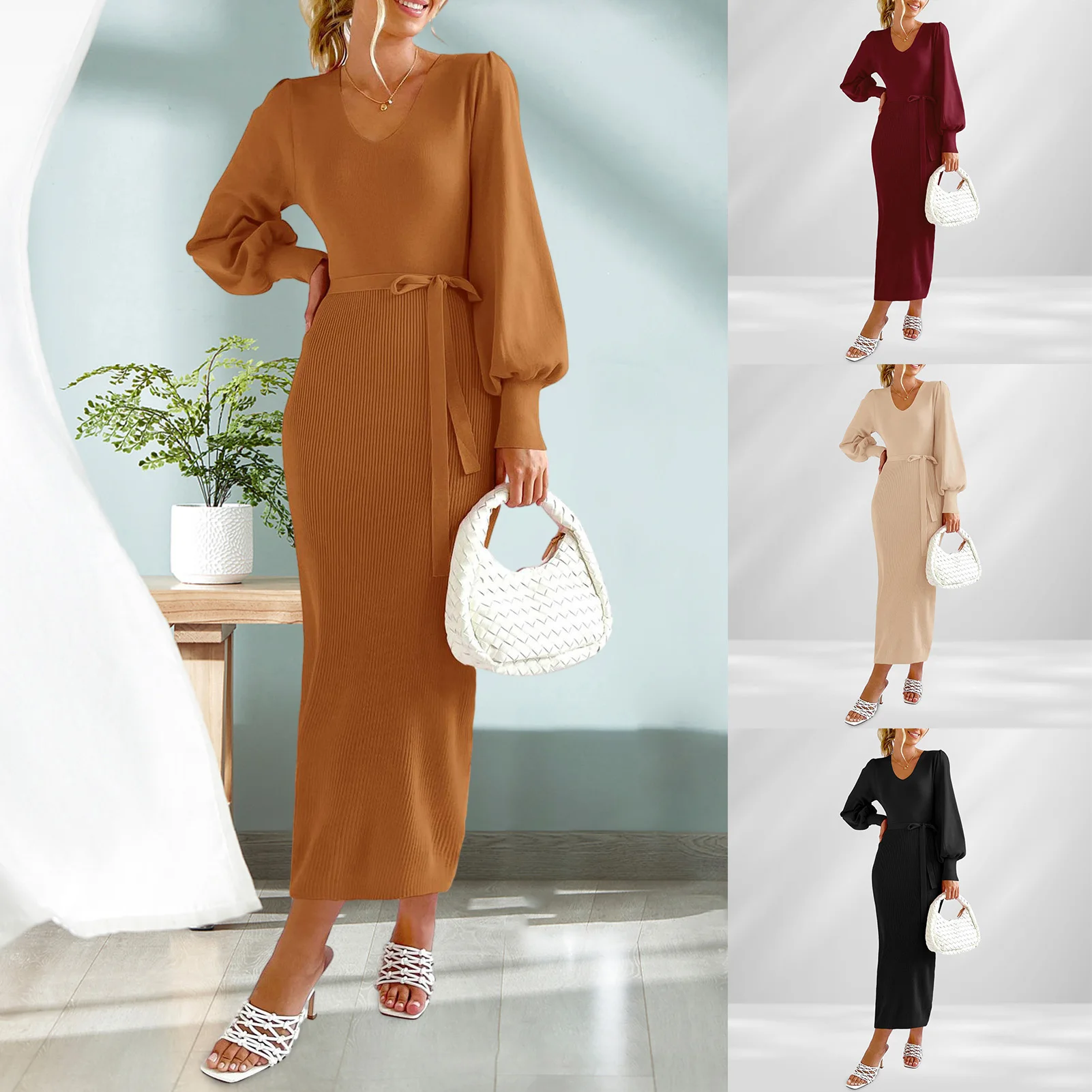 Description Picture 5 of itemLantern Sleeve Dress Slim Fit V Neck Elegant Knit Dress Women Sexy Style Sweater Midi Dress Vintage with Belted Vacation Outfit