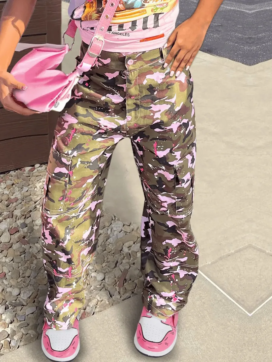 LW Autumn & Winter Women Cargo Trousers Streetwear Pink Camouflage High Waist Side Pocket Design Long Fashion Pants XS-3XL