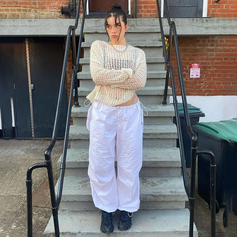 Description Picture 6 of itemStreetwear Wide Leg Plus Size Pants for Women Elastic Waist Loose Fit Floor Length Cargo Pants with Pockets Pantalones de mujer